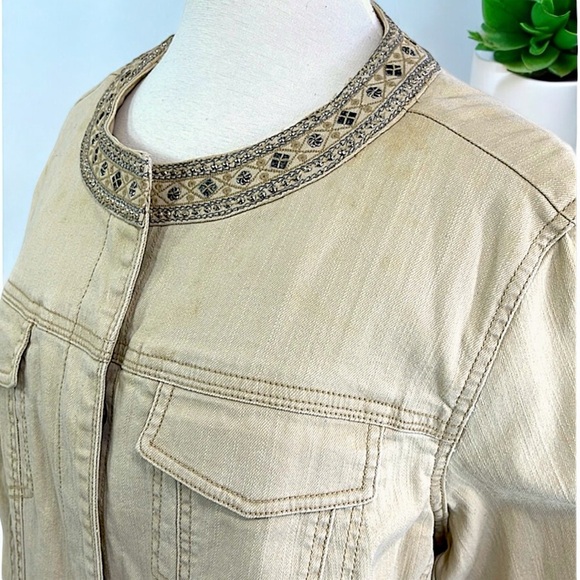New Avenue AV/X Khaki Denim Embellished Jewel Trim Jacket - Picture 3 of 16